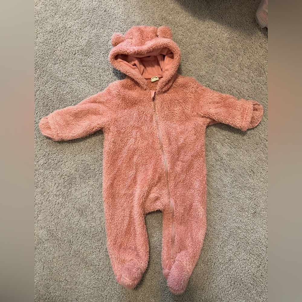 Adorable Pink Fuzzy Baby Onesie with Bear Ears